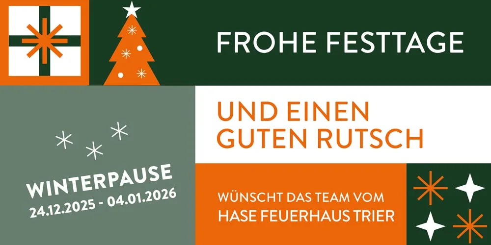 Weihnachtsgruss Hase Feuerhaus Trier und Winterpause 24.12. bis 04.01.2026